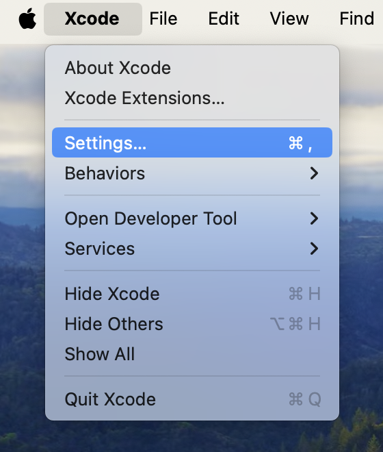 Opening the Xcode settings window